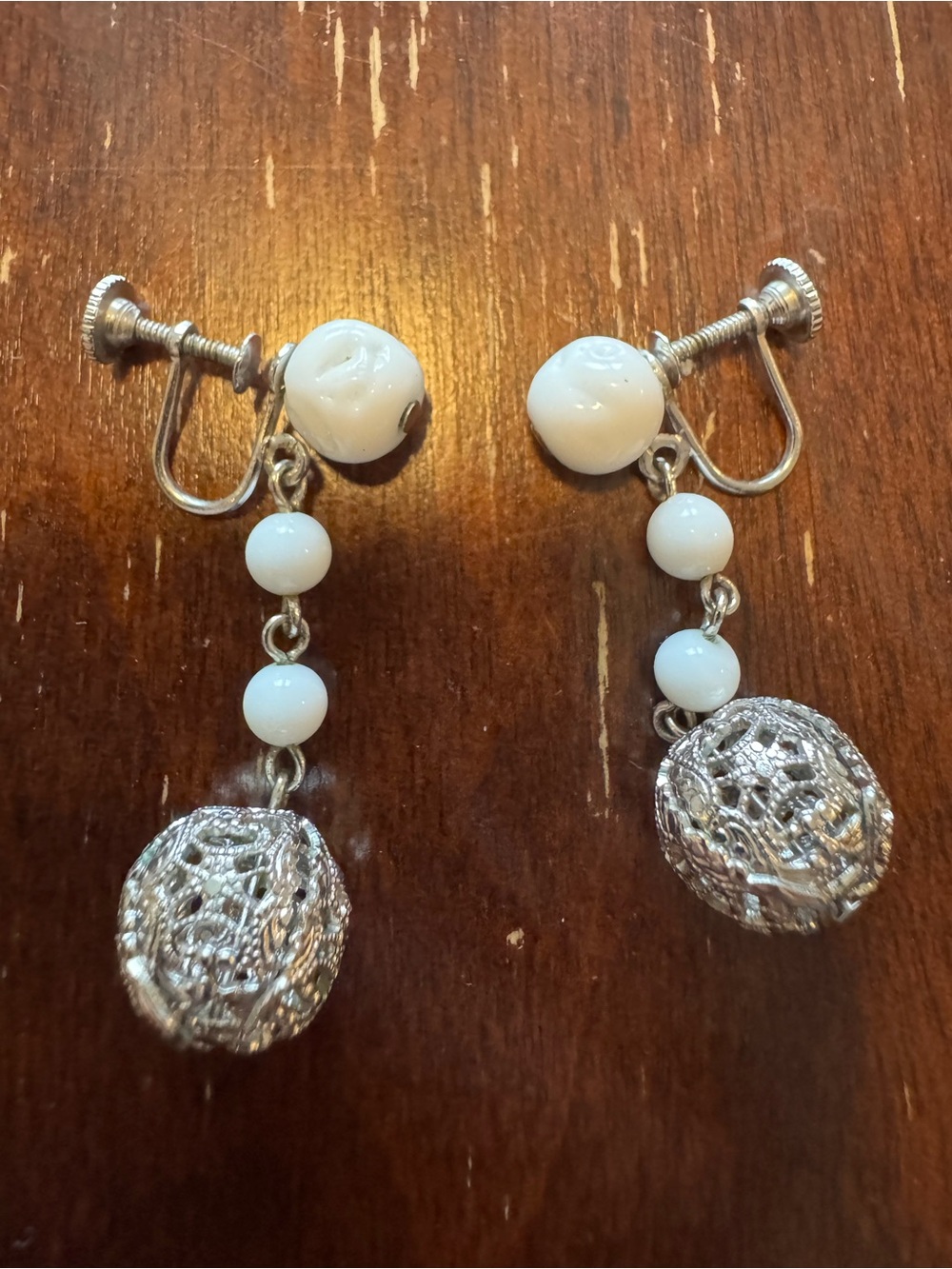 Avon de Belleville Marcel Boucher White Bead Screw Back Earrings Silver Filigree